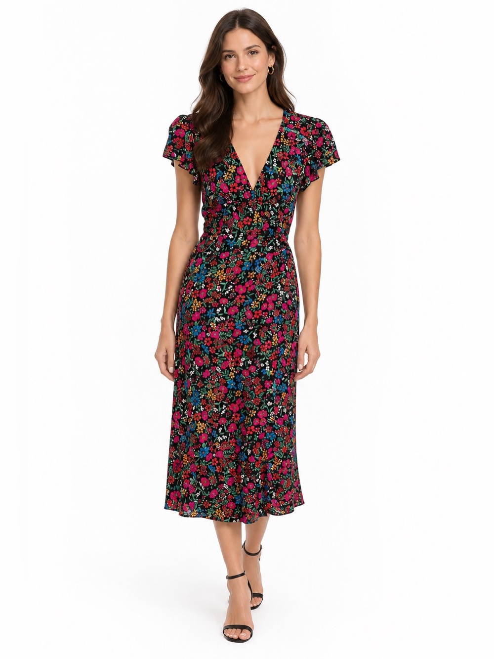 GAP Black and Pink Floral Wrap Dress with Cap Sleeves